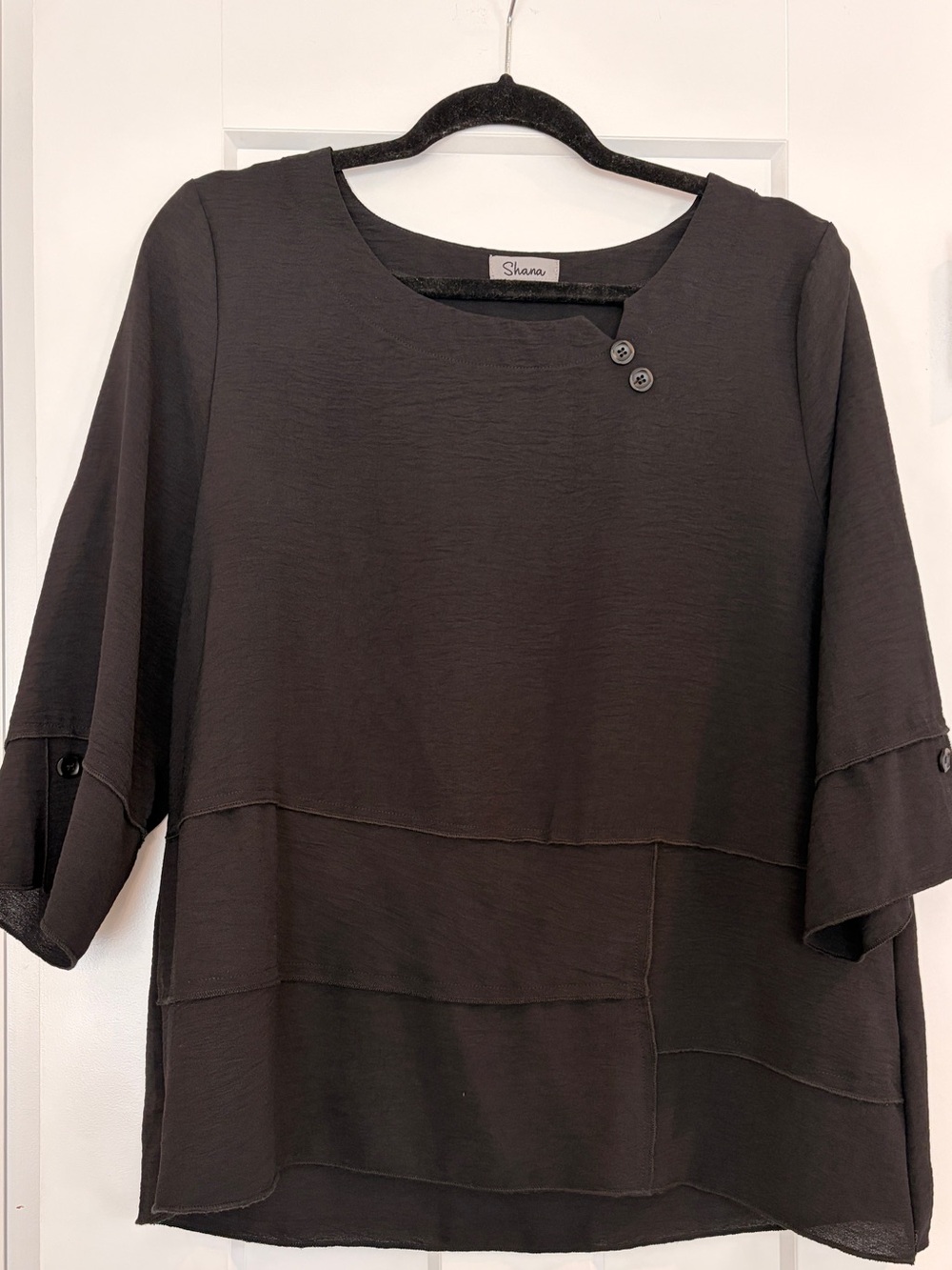 Shana Black Layered-Panel Tunic with Button Neck